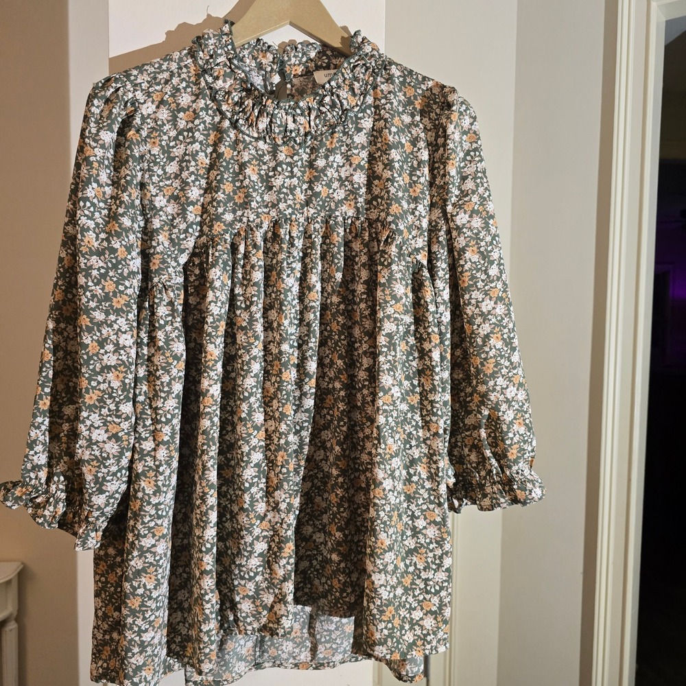 Umgee USA Women's Floral Print Ruffled Neck Long Sleeve Babydoll Tunic Top -‎ L